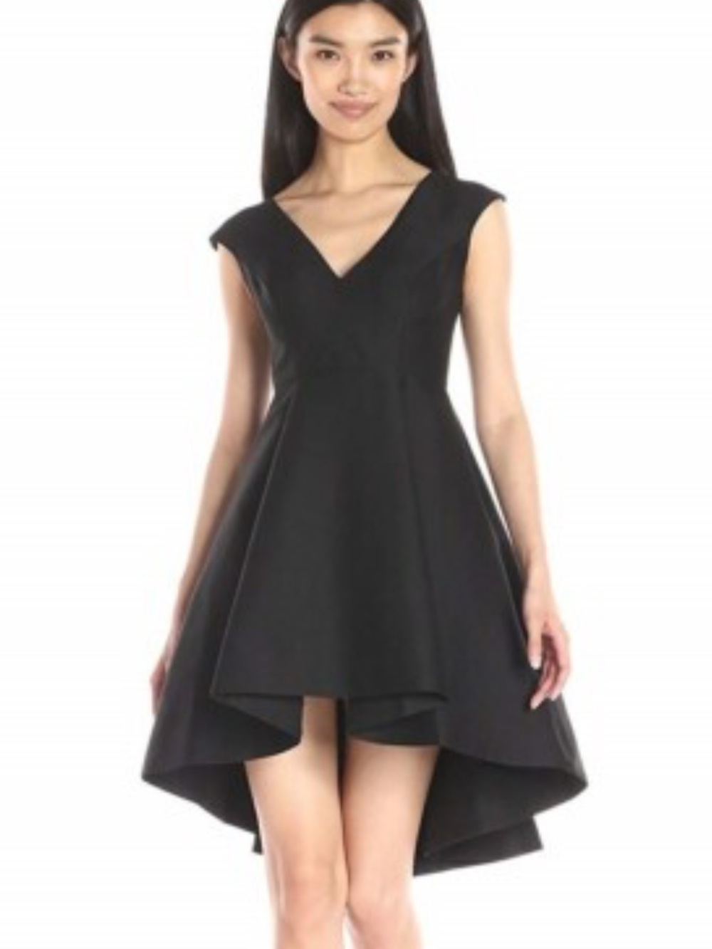 Halston Heritage Black High-Low V-Neck Fit & Flare Dress Size 6